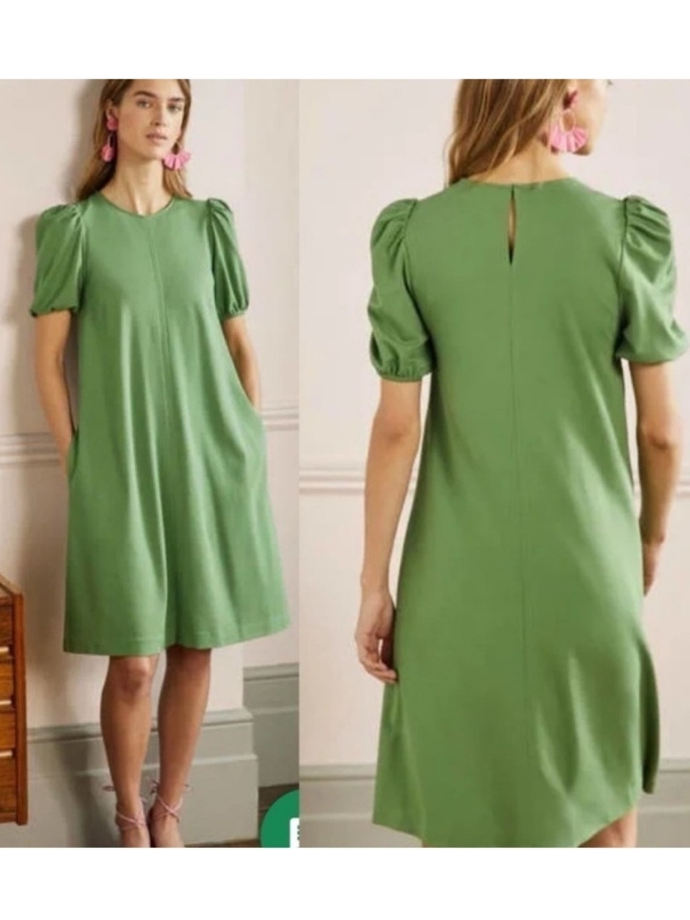 Boden Seamed Detail Ponte Knit Dress Puff Sleeve Pockets
